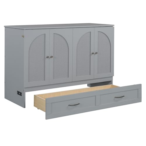 Full Size Murphy Bed Cabinet, Solid Wood Murphy Bed with Charging Station and Large Storage Drawer, Wall Mounted Foldable Platform Bed, Space Saving for Guest Room, Office, Gray