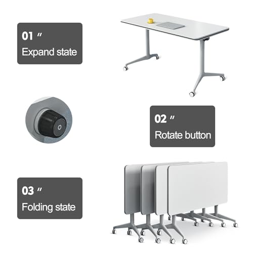4Pcs White Conference Table, Foldable Meeting Tables, 140CM Conference Training Rooms Flip Top Mobile Training Table, Rolling Meeting Table with Caster Wheels, Suitable for Office,classr(4Pcs-180CM)