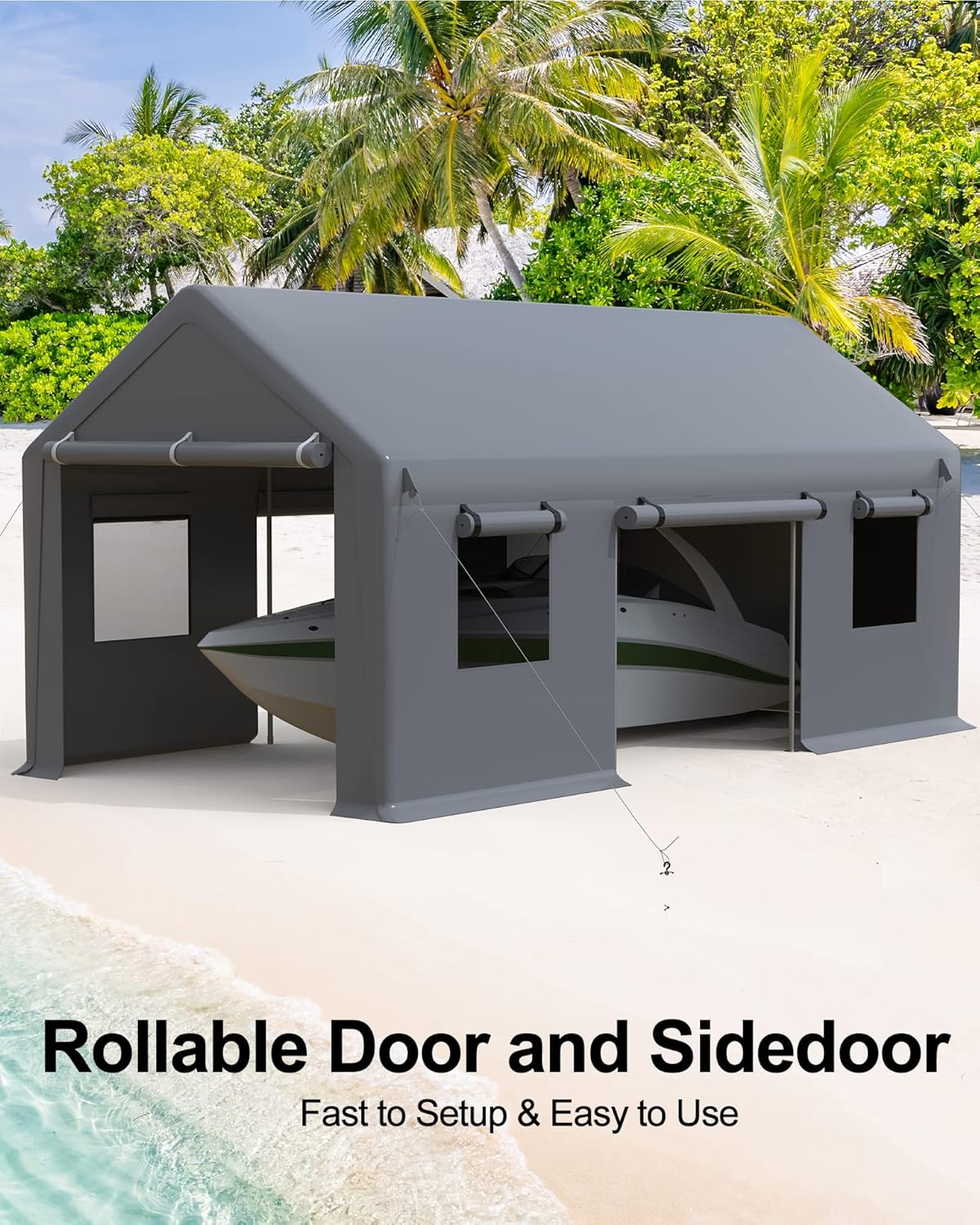 Carport 10'x20' Portable Garage, Reinforced Steel Poles, Heavy Duty Carport Canopy, 4 Roll-up Doors & 4 Mesh Windows, for Pickup, Boat, and Equipment, Gray
