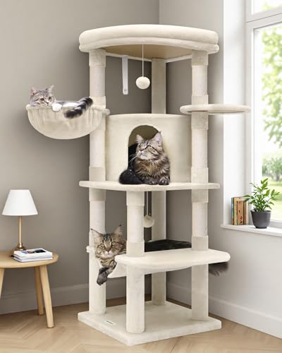 Globlazer Corner Cat Tree for Large Cats, 66inch Tall Curved Series Large Cat Tower for Multiple Indoor Cats with 6 Scratching Posts, 2 Spacious Cat Condos, Hammock, Hanging Basket, C66, Beige