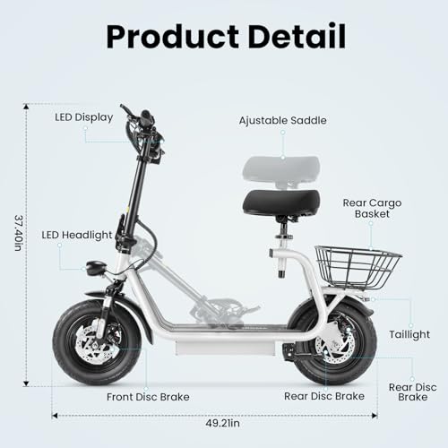 Caroma Peak 800W/1200W Electric Scooter Adults, 30 Miles Max Range, Foldable Electric Scooter with Seat, Front Suspension, Detachable Large Basket,Commuter E-Scooter for Adult and Teens