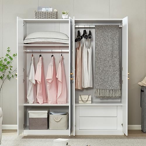 Wooden Armoire Wardrobe Closet Cabinet, 4 Door 2 Drawers White Cabinet for High Storage Capacity, Tall Cabinet Closet Wardrobe with 2 Shelves and Hanging Rod 63" L x 20.3" W x 72" H