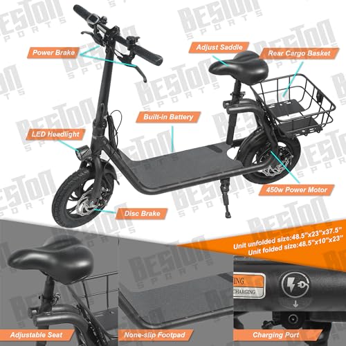 Electric Scooter for Adults Scooter with Seat E-Scooter for Adult Foldable Electric scooter for Adult E Mopeds with 450W Brushless Motor Commuter 265lbs Max Load