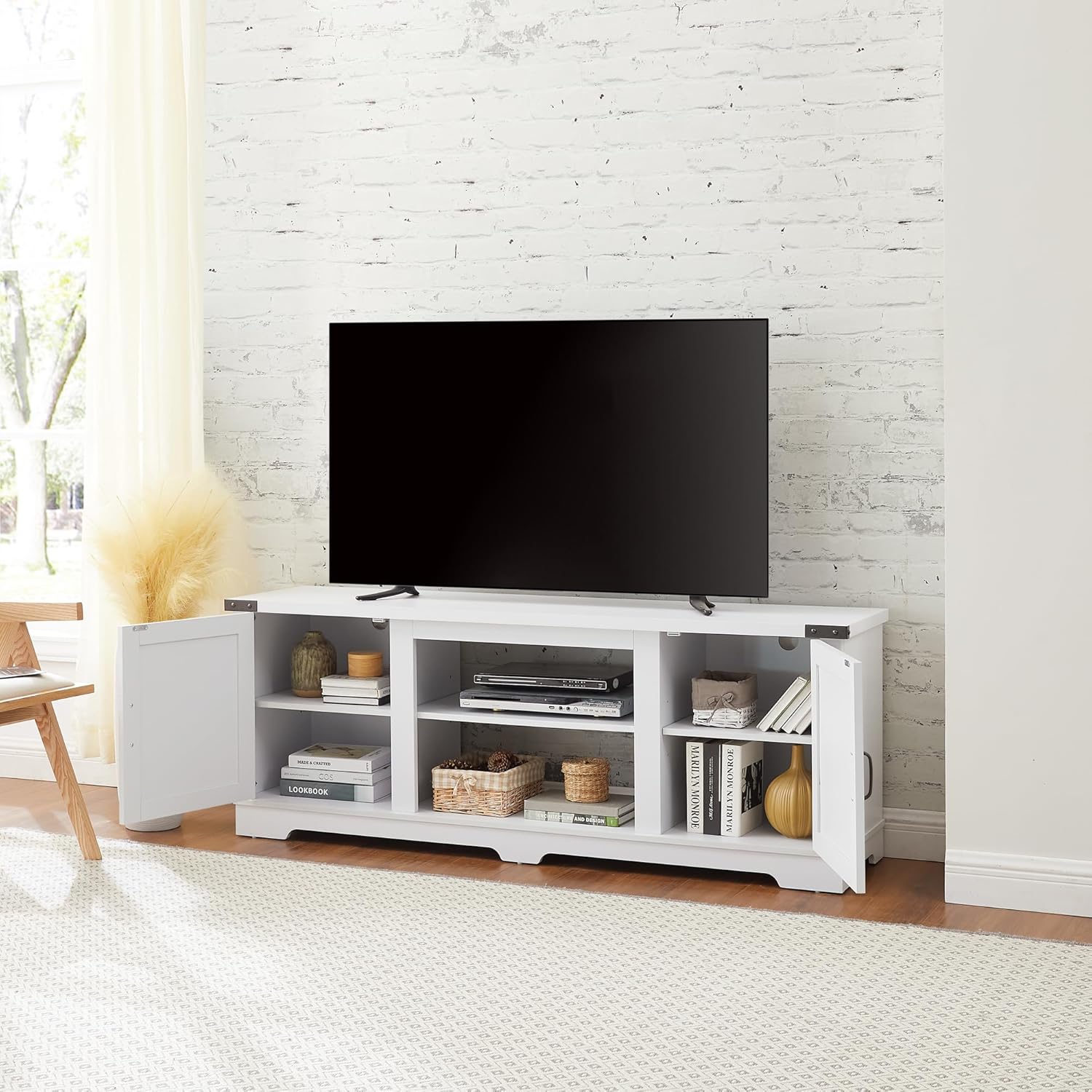 Modern Farmhouse TV Media Stand | Large Barn Style Home Entertainment Console for TVs Up to 70 Inches, with Open Shelves and Closed Cabinets, 64.80” L x 15.67” W x 24.29” H - White