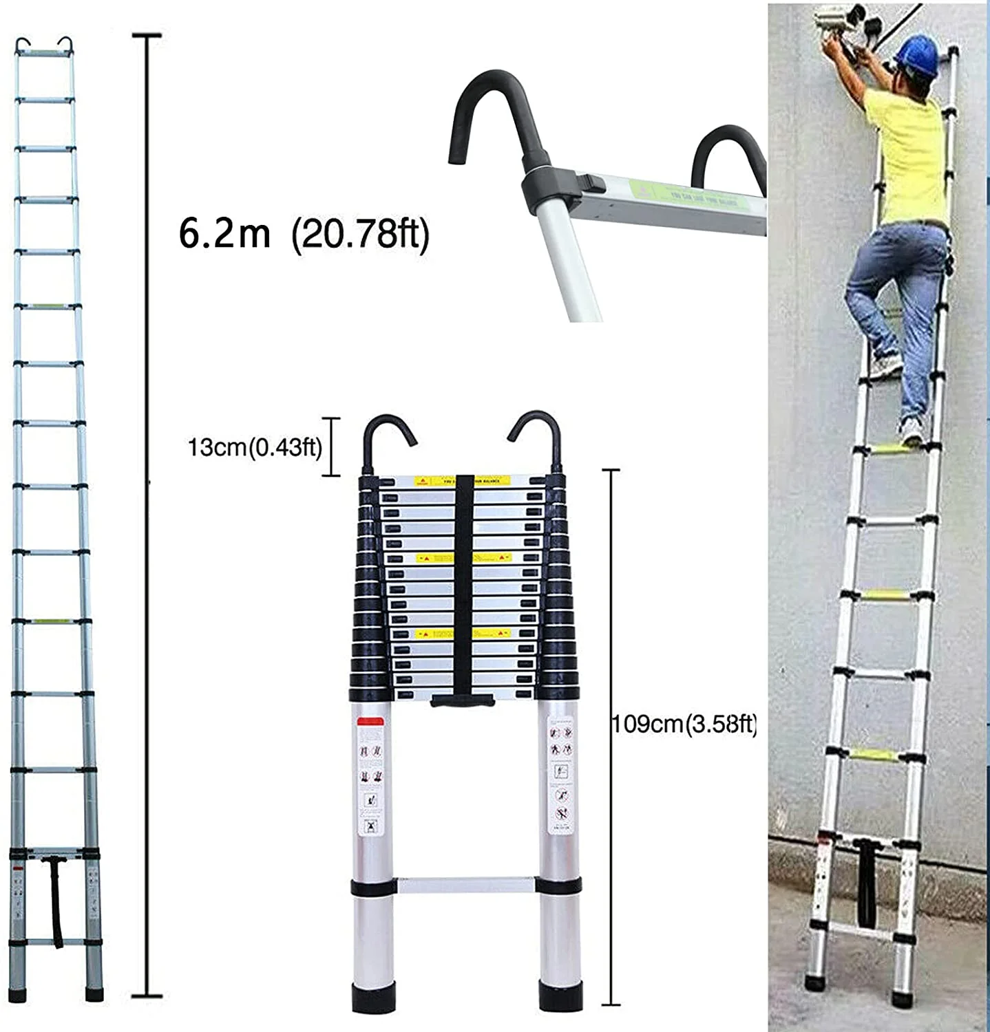 Extension Ladder 20.3ft Telescoping Ladder 2 Detachable Ladder Hooks Extendable Ladders for Home, Folding Loft Ladder Collapsible Ladder Lightweight 330lbs Max Capacity, for RV, Roofing, Household