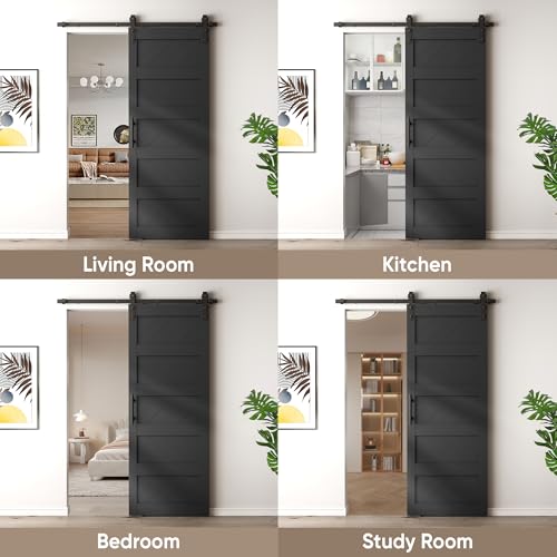 JUBEST 36" x 84" Barn Door, Slding Barn Door Kit Wave Shape Barn Door Panel with Hardware Kit Include, Easy Installation, Solid Wood, MDF & PVC Covered, Black