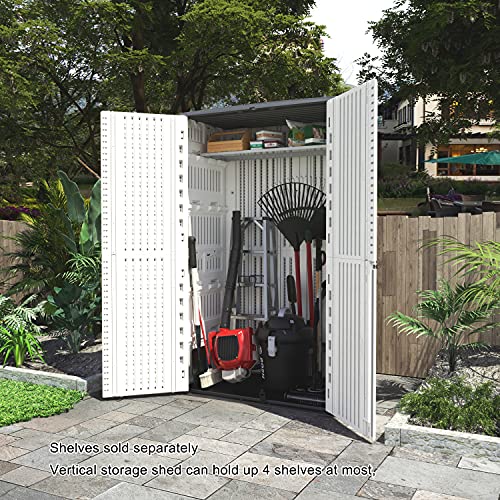 KINYING Outdoor Storage Shed Waterproof, Resin Vertical Outdoor Storage Cabinet for Patio Furniture, Garden Tools, Pool Accessories, Mower Storage (52 Cu.ft, Dark Brown)