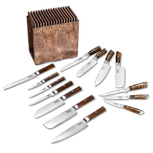 Knife Set Block - 8 Piece Chefs Knife Set - Damascus Steel VG10 Japanese Stainless Steel Home Kitchen Knife Set With Shadow wood Handle&Unviersal Walnut Block