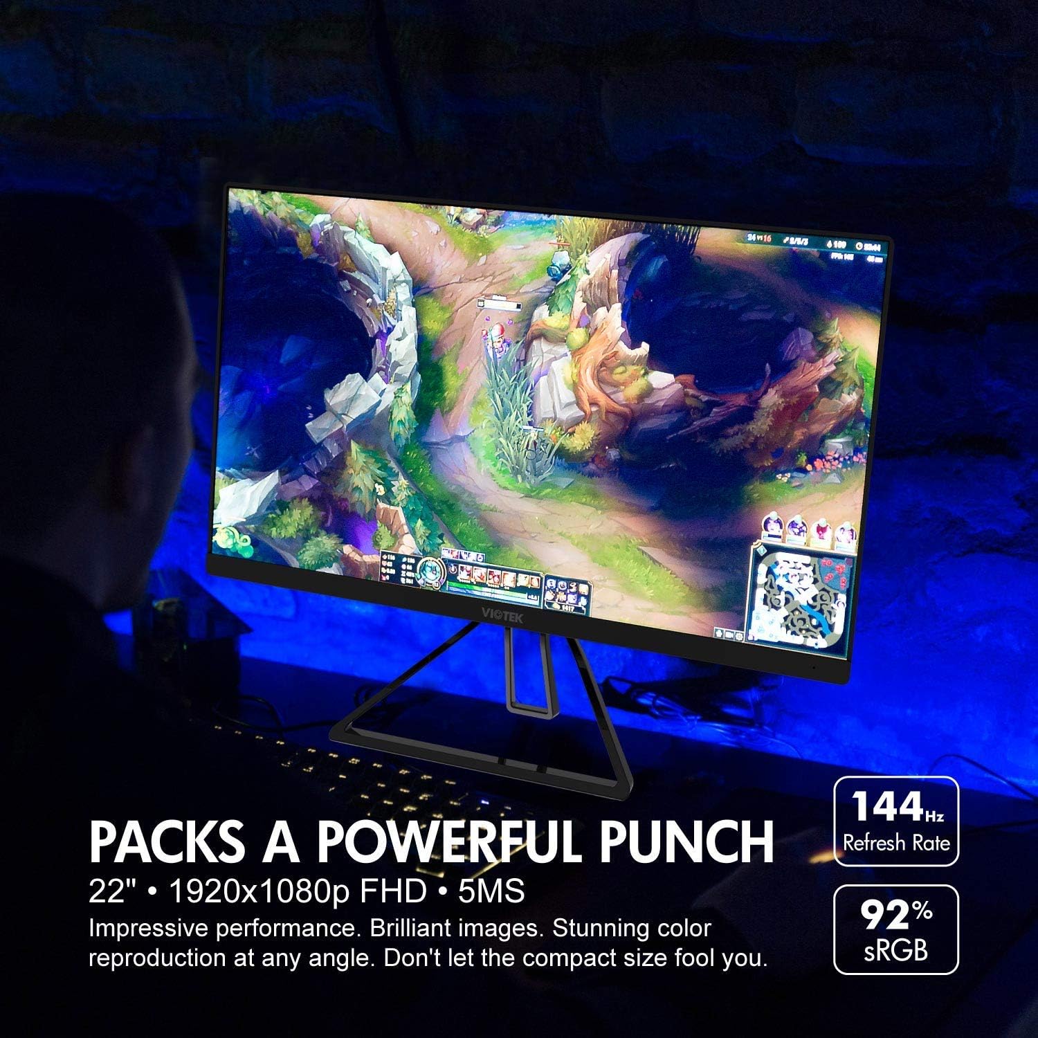 VIOTEK GFV22CB Ultra-Compact 22-Inch 144Hz Gaming Monitor | 1080P Full-HD 5ms | G-Sync-Compatible FreeSync FPS/RTS | 2X HDMI 3.5mm DP | Zero-Tolerance Dead Pixel Policy (VESA)