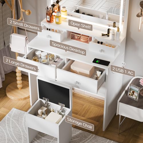 Haewon White Makeup Vanity with Lighted Mirror and Charging Station, Vanity Table Set with Adjustable Lighting, 4 Drawers, Storage Chair for Bedroom