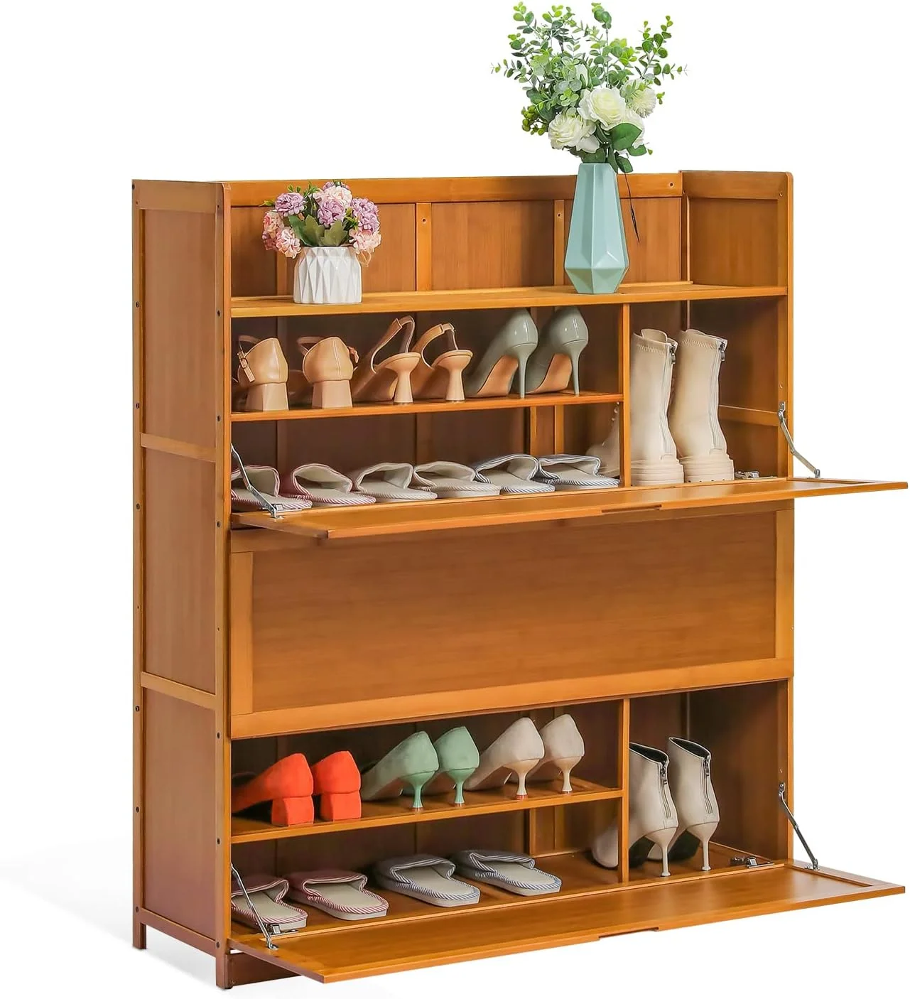 7 Tier Shoe Storage Organzier, Bamboo Boots Cabinet With Pull-Down Doors Sneakers Rack Organizer For 26-30 Pairs Entryway Hallway Mudroom, Brown