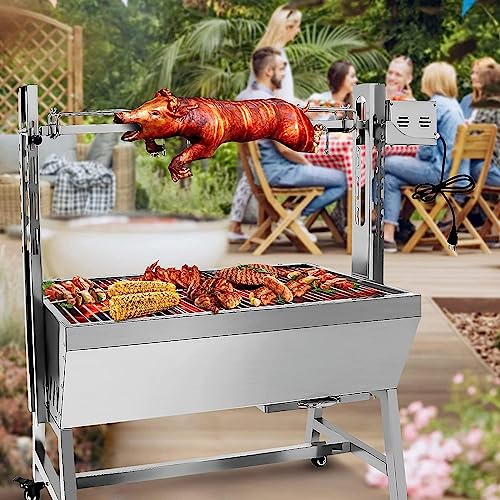 stainless steel rotisserie grill, 25w motor small pig lamb rotisserie roaster, 37'' 2 in 1 bbq charcoal rotisserie grill for camping outdoor kitchen (without baffle)