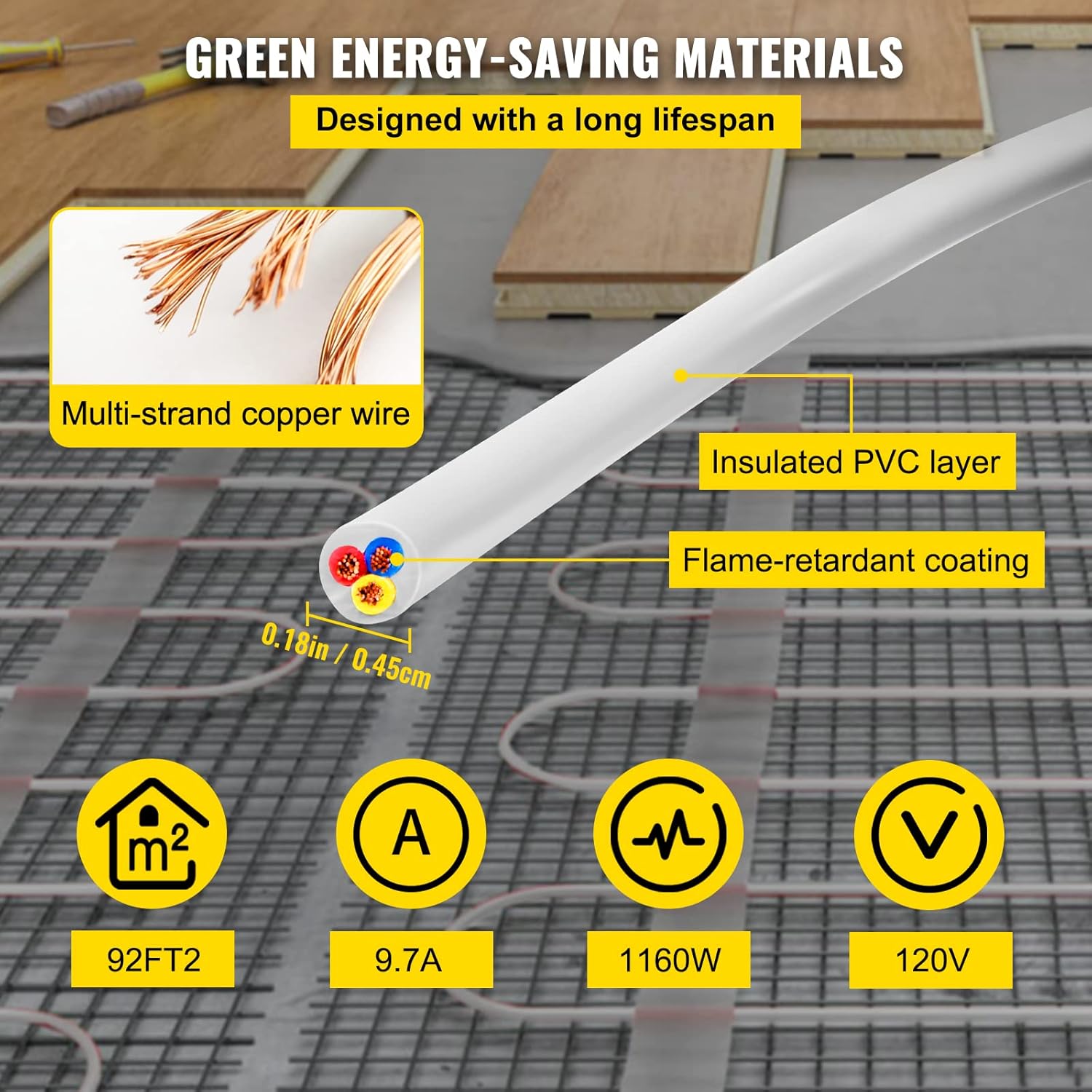 VEVOR Floor Heating Cable 128.8 Square Feet Durable Floor Tile Heat Cable, Waterproof and Insulated, with Convenient Temperature Control Panel, Rapid Heating Cable Under Floor w/No Noise or Radiation