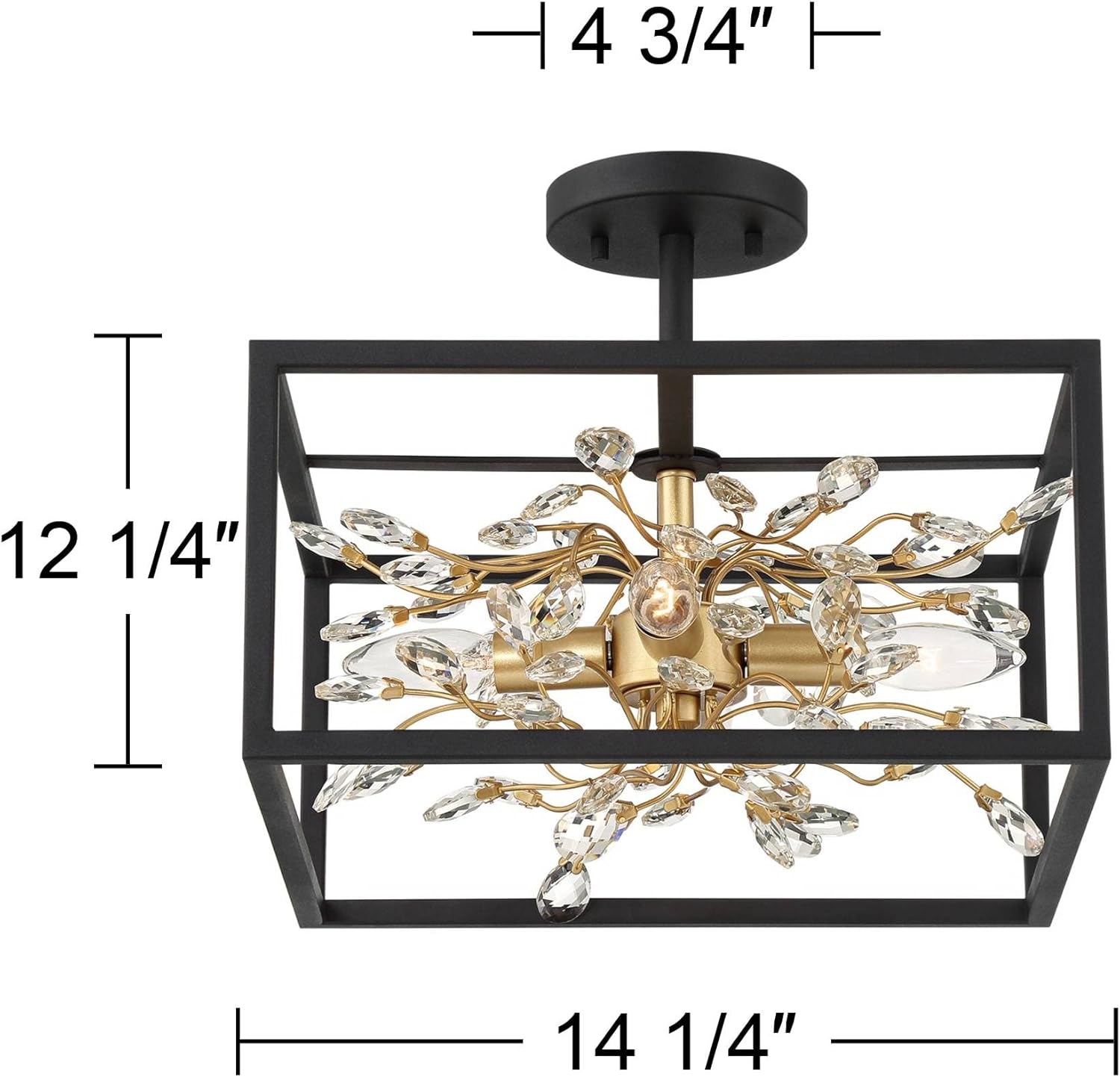 Possini Euro Design Carrine Modern Ceiling Light Semi Flush-Mount Fixture 14 1/4" Wide Black Metal Gold Branches 4-Light Clear Crystal for Bedroom Kitchen Living Room Hallway Bathroom House Home