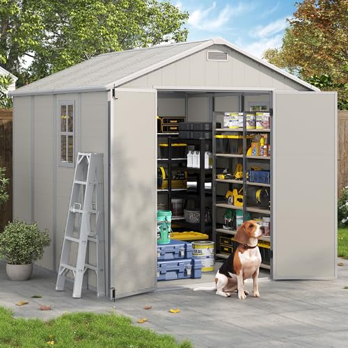 Outdoor Storage Shed, 6x6 FT Resin Shed with Floor and Lockable Door, Window, Vents, Tool Sheds and Outdoor Storage for Bike, Garden Accessories, Tools, Waterproof (Grey & White)