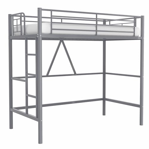VECELO Metal Loft Bed Twin Size, Heavy Duty Bedframe with Removable Ladder and Safety Guardrail, Space-Saving, Noise Free, No Box Spring Needed, Off White