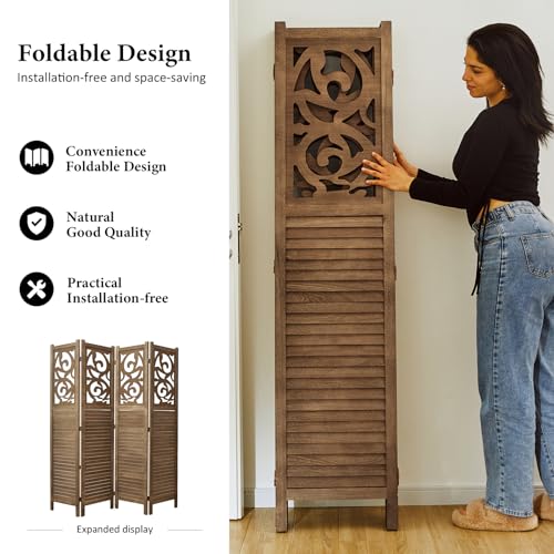 Room Divider Wood Carved Wall Divider Indoor Folding Portable Partition Screen for Home Office Garden Terrace - 6 Panel, 67 * 90inch (Dark Brown)