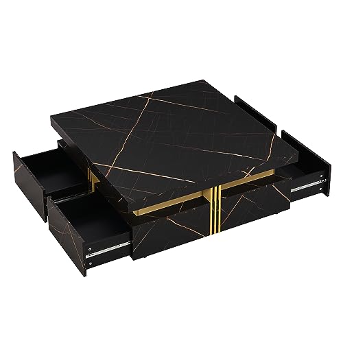 39.4'' Square Coffee Table, Marble Veneer Coffee Table Sliding Top with Storage, Wood Coffee Table Cocktail Table with 4 Hidden Storage Compartment for Living Room Home Office (Walnut * 147)