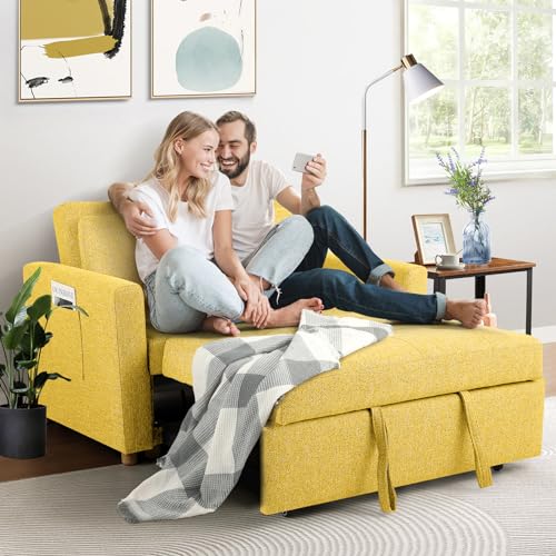 Convertible Sofa Bed, 3-in-1 Sleeper Sofa Pull Out Couch Bed, 2-Seater Linen Fabric Loveseat Futon Sofa with Spring Support, Adjustable Backrest for Small Spaces, Living Room, Navy Blue