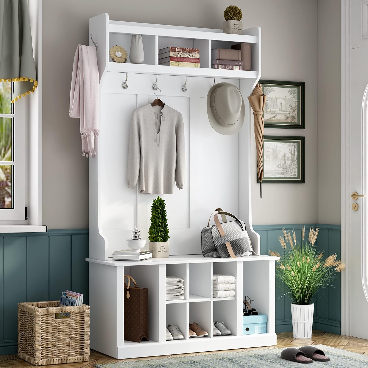 Hall Tree, Entryway Bench with Coat Rack and Shoe Cabinet, 3-in-1 Design with Coat Rack and 6 Hooks for Entryway, Hallway, White