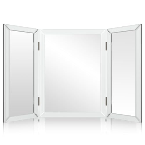 Houseables 3 Way Mirror, Trifold Vanity Mirrors, 21" x 31", 360 Degree View, Tri Fold, Triple Sided, 3way, Table Top, Wall Mount, Standing, Foldable, for Makeup, Braiding Hair, Desk, Bathroom, Bedroom
