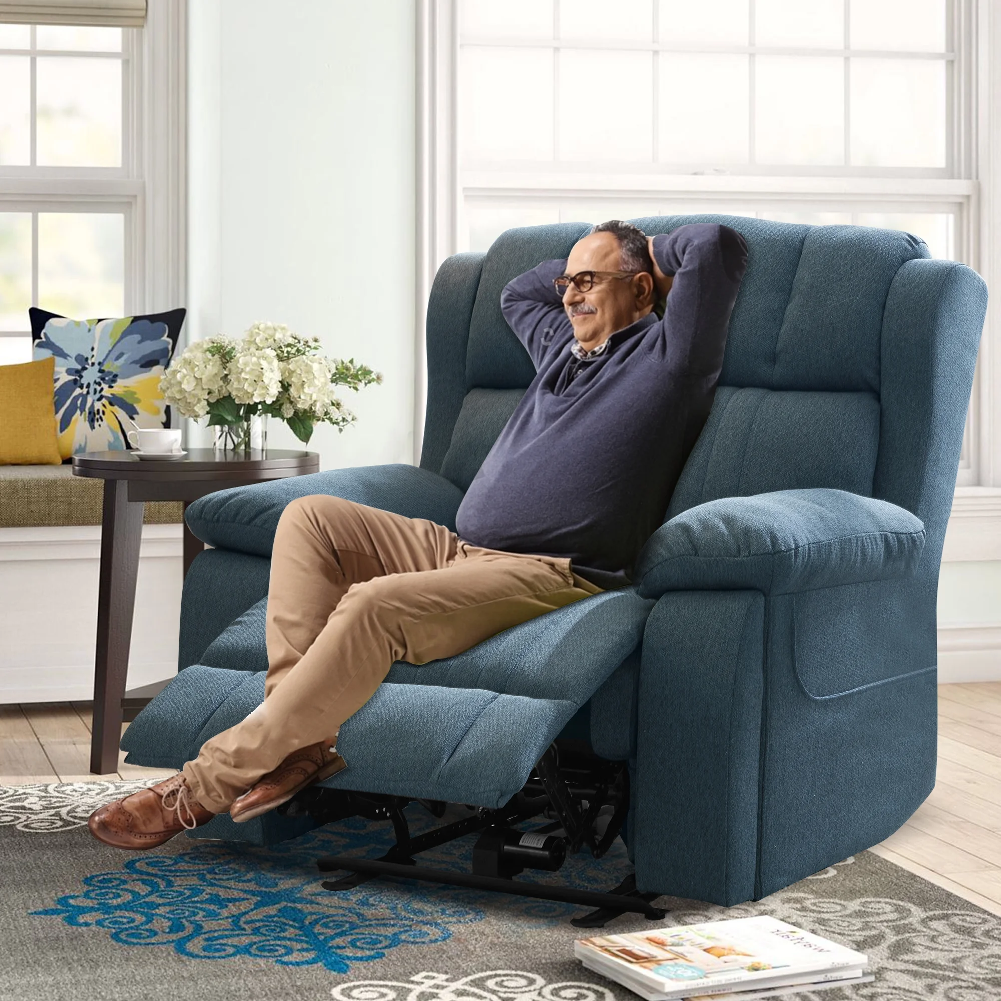 LVUYOYO Electric Power Recliner Chair, Reclining Chair with Heat and Massage, Position Recliner up to 350 Lbs,2 Cup Holders, USB Ports, 2 Side Pockets,Blue