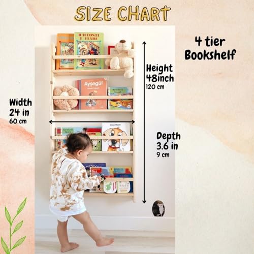 Handmade Solidwood Wall Mounted Montessori Kids Bookshelf, 4 tier Book Display for Children Bedroom, Nursery Furniture Bookcase, Wood Pine Tree Book Organiser for Living Room (Walnut)