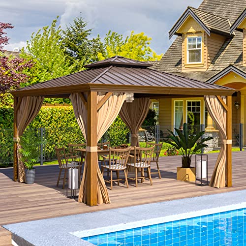 EROMMY 14'x20' Hardtop Gazebo Double Roof Galvanized Steel Canopy Outdoor Aluminum Frame Permanent Metal Pavilion with Netting and Curtains for Patio Backyard Deck and Lawns