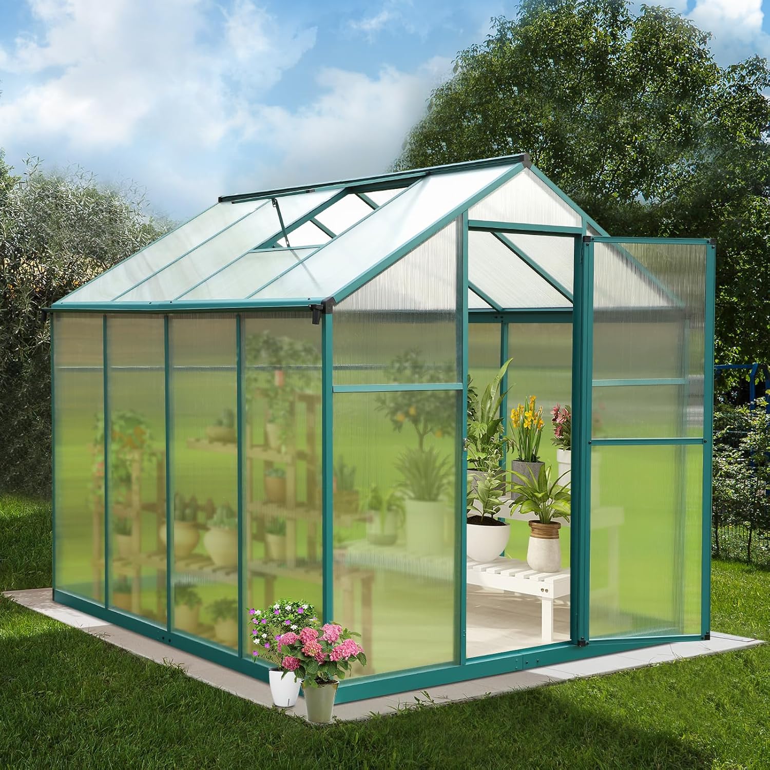 Aluminum Greenhouse for Outdoors 6'x 8', Polycarbonate Green Greenhouse with Adjustable Roof Vent and Rain Gutter, Outdoor Hobby Greenhouses for Backyard Plants Flowers Vegetables (6’ x 8‘)