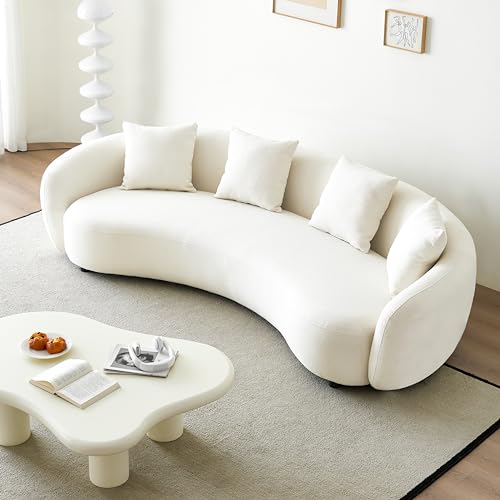 101.57" Curved Sofa Couch for Living Room Modern Boucle Couch with 4 Throw Pillows 4 Seater Cream Upholstered Sofa for Living Room, Office