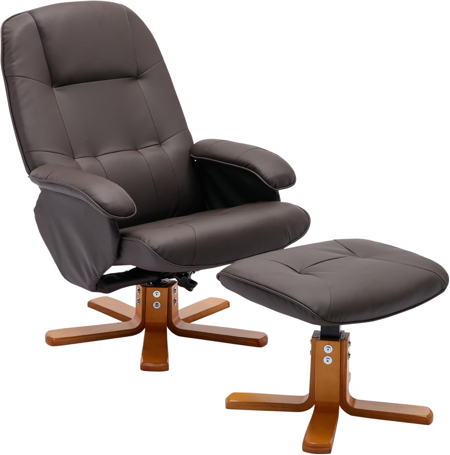 Recliner Chair with Ottoman, Swivel Recliner Chair with Wood Base for Livingroom, Bedroom, Faux Leather Beige,Brown