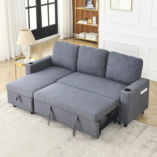 Convertible Sectional Sofa Couch, 3 Seat Sofa Set with Pullout Bed for Living Room, L-Shaped Modern Fabric Modular Sofa Sleeper with Storage Chaise for Office, Apartmen(Light Grey)