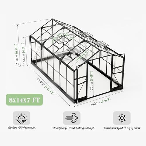 8x12 FT Polycarbonate Greenhouse with Quick-Connect Fittings, Walk-in Large Aluminum Greenhouse with 2 Swing Doors, Winter Greenhouse for Outdoors Black