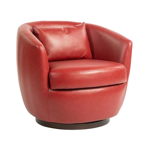 360° Swivel Barrel Chair with Hidden Storage, Modern Upholstered PU Leather Swivel Accent Chair with Pillow, Comfy Single Armchair for Living Room Bedroom, Light Beige