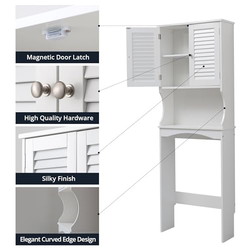 Over The Toilet Storage Cabinet, 3-Tier Freestanding Organizer, Bathroom Storage Cabinet Organize,Adjustable Shelves, Double Doors, Space-Saving for Bathroom, 23 * 67 inches, White