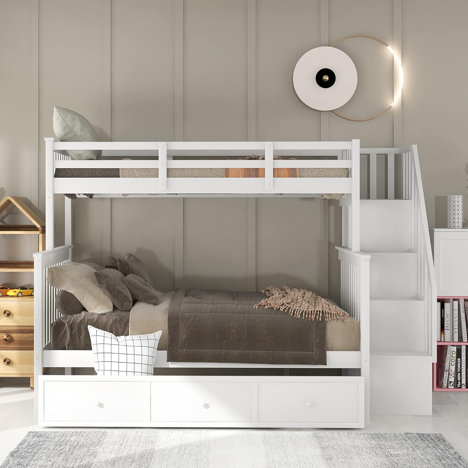 Over Full Bunk Bed With Stairs, Solid Wood Stairway Bunk Bed With Storage Drawers For Kids Teens Adults, Bedroom, Dorm (White)