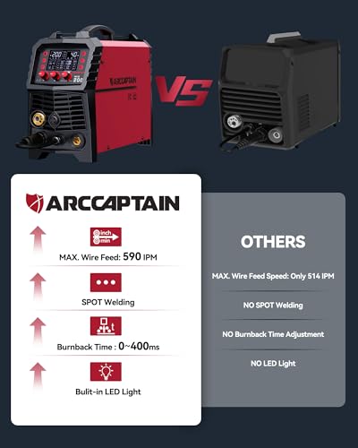 ARCCAPTAIN MIG Welder, 200Amp 6 in 1 Gas MIG/Gasless Flux Core MIG/Stick/Lift TIG/Spot welding/Spool Gun 110V/220V Aluminum Multi Process Welding Machine with LED Digital Display, Burn Back Adjustment