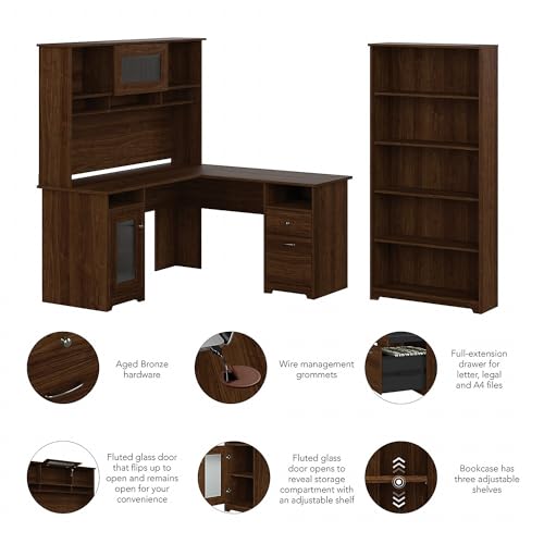 Bush Furniture Cabot 60W L Shaped Computer Desk with Hutch and 5 Shelf Bookcase in White