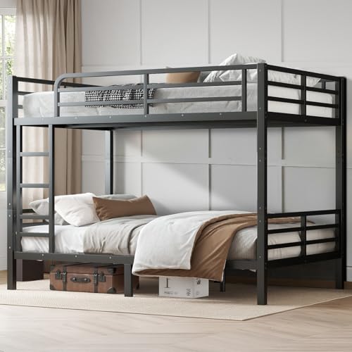 Twin XL Over Twin XL Bunk Bed, Metal Bunk Bed Frame Heavy Duty Bunk Beds Loft Bed Frame with Ladder and Guardrail Metal Slats No Box Spring Required for Adults Teens, Black