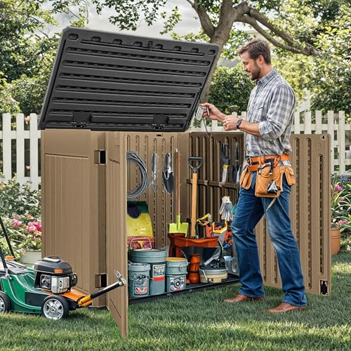 DWVO Outdoor Weather-Resistant Horizontal Storage Shed, 35 Cu Ft Capacity, Lockable and Waterproof, Suitable for Storing Garden Tools, Light Gray