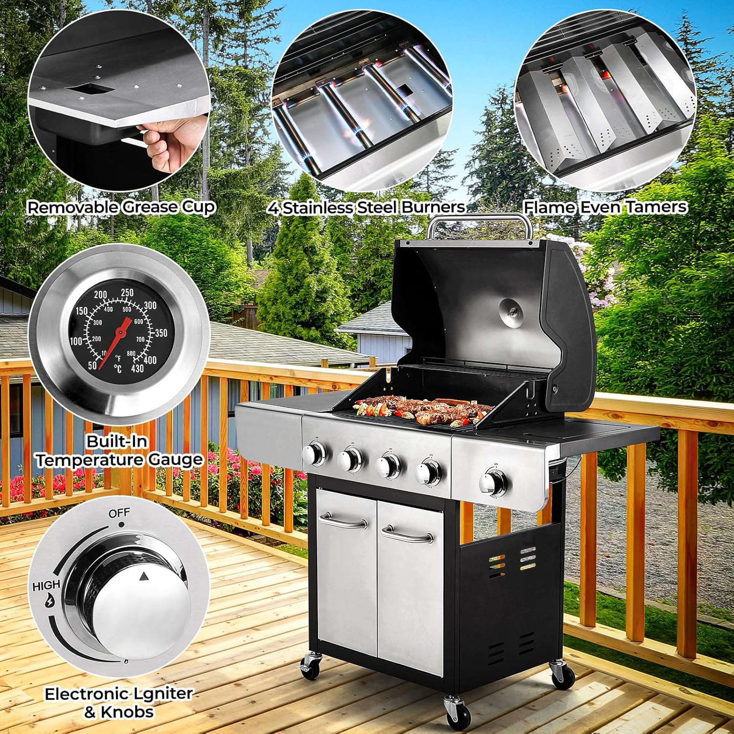 MAMIZO 4-Burner Outdoor Propane Gas Grill, 40000 BTU Output Stainless Steel BBQ Grill with 12000 BTU Side Burner,Thermometer and Caster for Outdoor Cooking Kitchen, Patio Backyard Barbecue and Camping