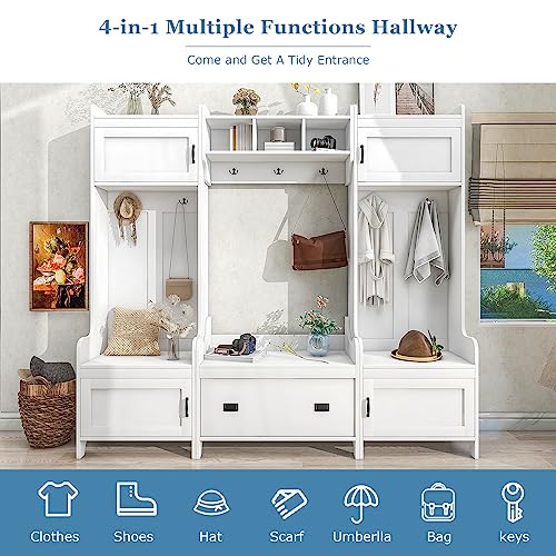 Hall Tree with Bench and Shoe Storage, White Entryway Bench with 7 Coat Rack, 4 Cabinet, 1 Drawer and Open Shelves, Large Mudroom Bench with Shoe Storage and Hooks for Hallway, Entry Way