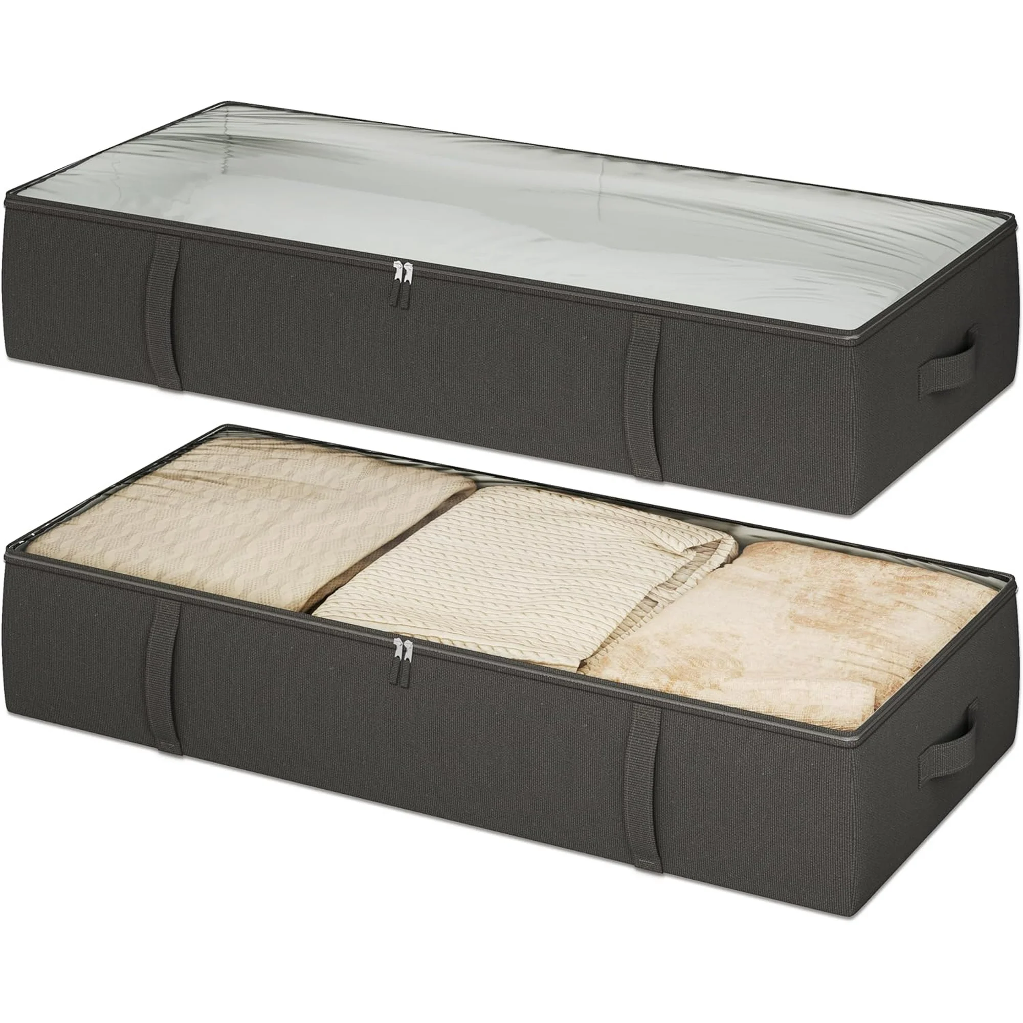 2-Pack Under Bed Storage Containers, 8 Inches Tall Underbed Clothes Storage Organizer Bin with Sturdy Sidewalls/Bottom, Under the Bed Storage Bags 2 Storage Bins, Beige
