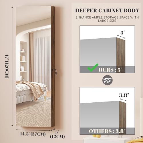 Vlsrka 47.2" LED Grey Jewelry Mirror Cabinet, Wall/Door Mounted Jewelry Armoire Organizer with Full-Length Mirror, Large Capacity Storage Hanging Cabinet, 4 Drawers, 5 Shelves, Built-in Lighted Mirror