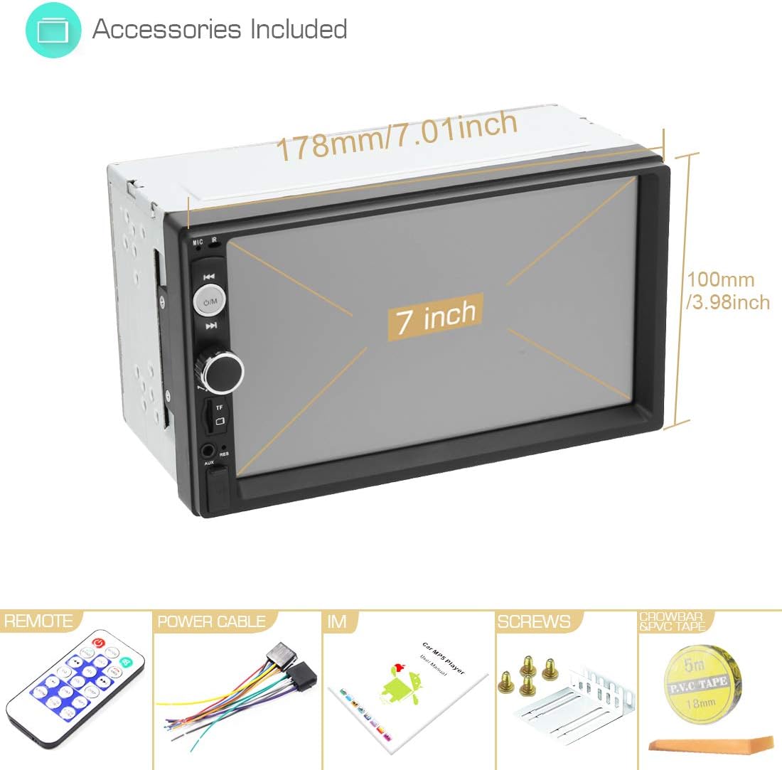 Double Din Car Stereo in Dash, FM Receiver with Remote, Car MP5 Media Player with 7inch Digital Resistive Touch Screen,Bluetooth Car Audio Mirror Link Monitor for Android & iOS