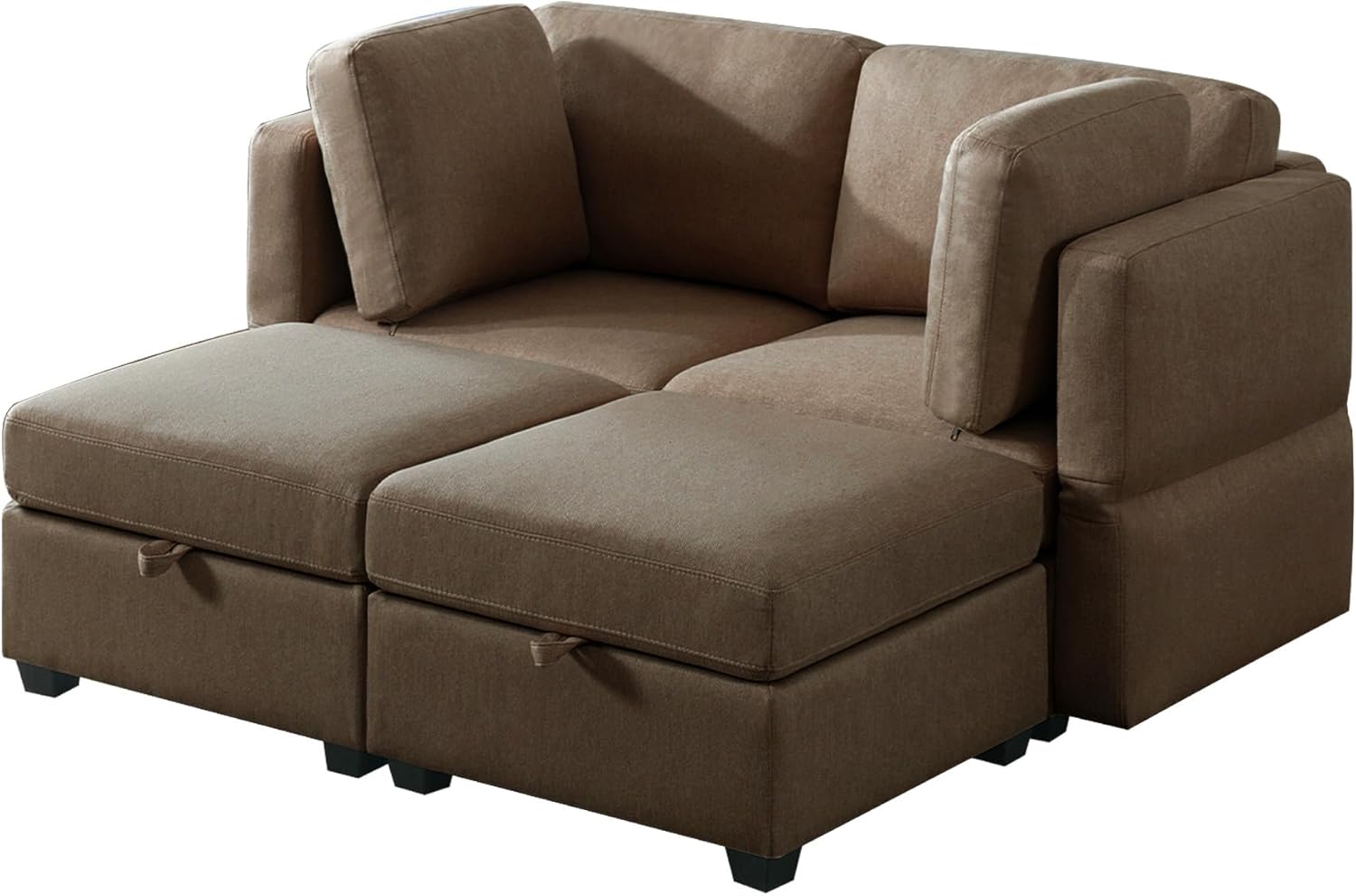 2 Seat Modular Sectional Sleeper Sofa w/ 2 Ottomans and Adjustable Arms, Couch Bed Loveseat with Chaise & Backs for Living Room Apartment Office, Brown