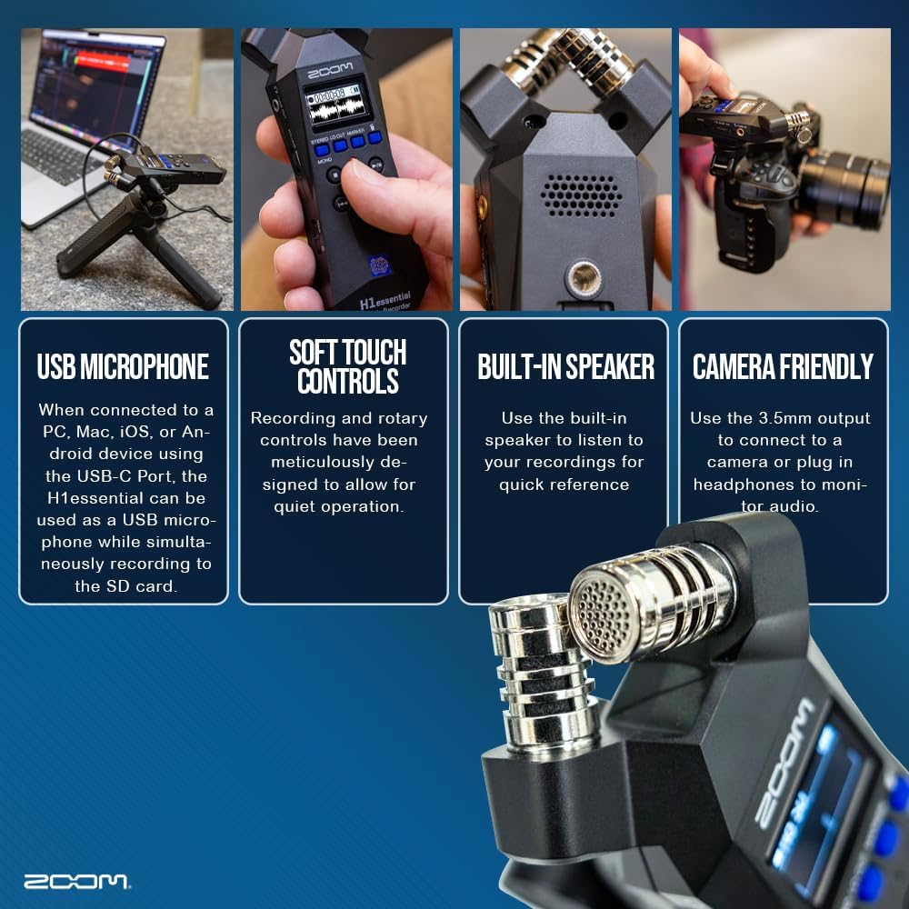 Zoom H1essential Stereo Handy Recorder – H1 Essential (H1E) Portable Audio Recorder 32 Bit Float, USB & X/Y Microphone - 64GB SD, Tripod, Headphone w/Mic & More for Musicians Vloggers Filmmakers