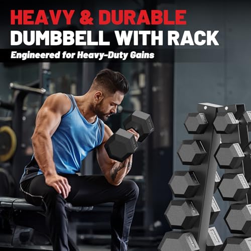 PAPABABE Hex Dumbbell Set with Rack, Rubber Encased Dumbbell Free Weights Set for Home Gym