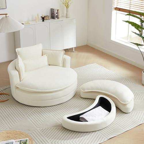 DEINPPA Modern Accent Barrel Sofa Swivel Barrel Chair with Storage Ottoman, Sofa Club Lounge,Sherpa Fabric Round Chair with 3 Pillows Soft Cushions for Living Room (White+Sherpa Fabric+Sponge)