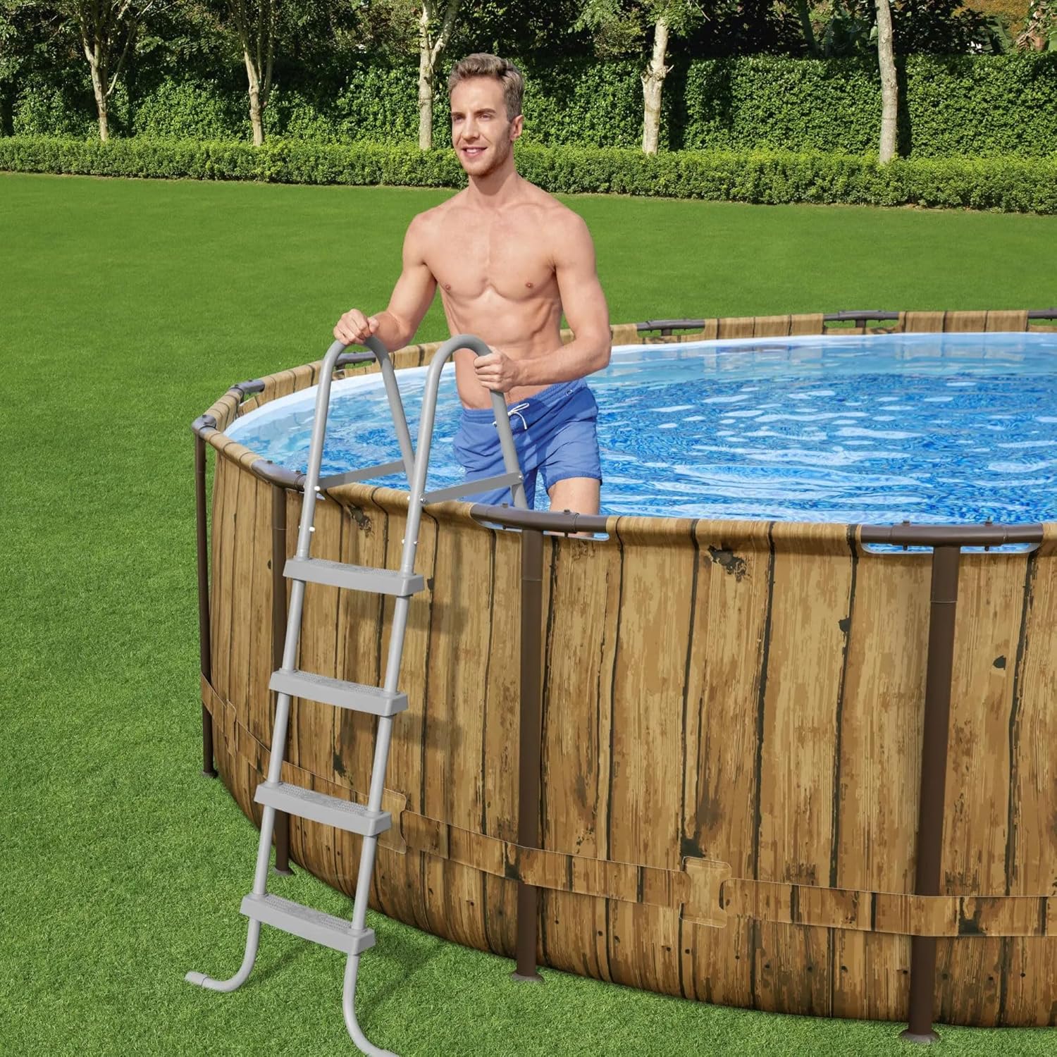 Bestway Power Steel Swim Vista Series II 18' x 48" Round Above Ground Outdoor Swimming Pool Set with Built-in Windows, Filter Pump, Ladder, and Cover